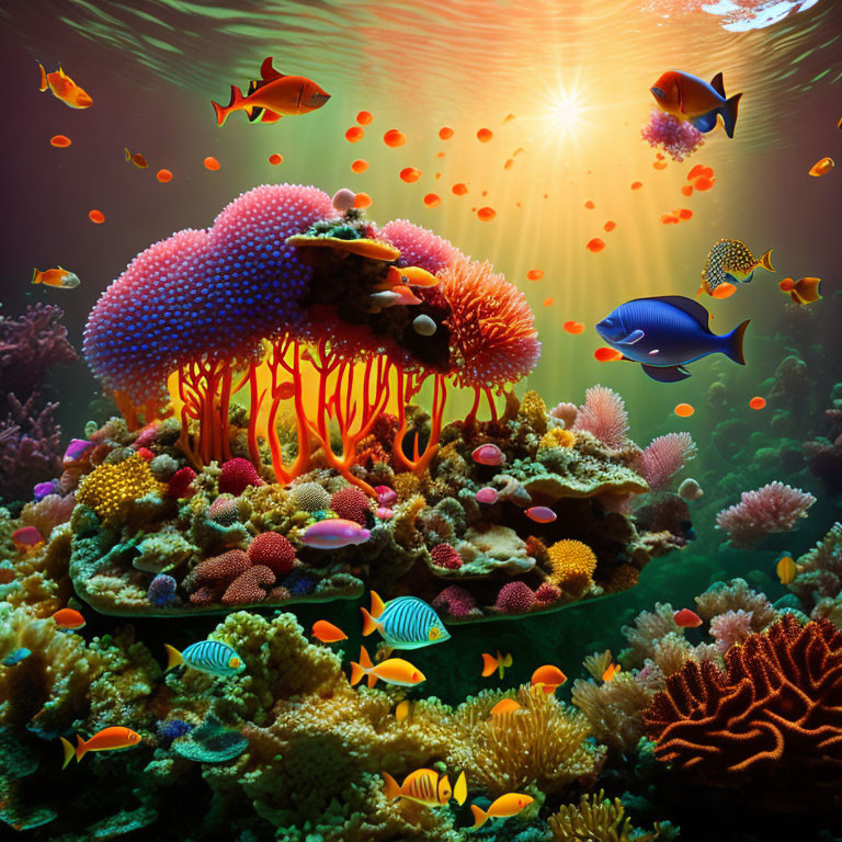 Colorful Coral Reefs and Tropical Fish in Sunlit Underwater Scene