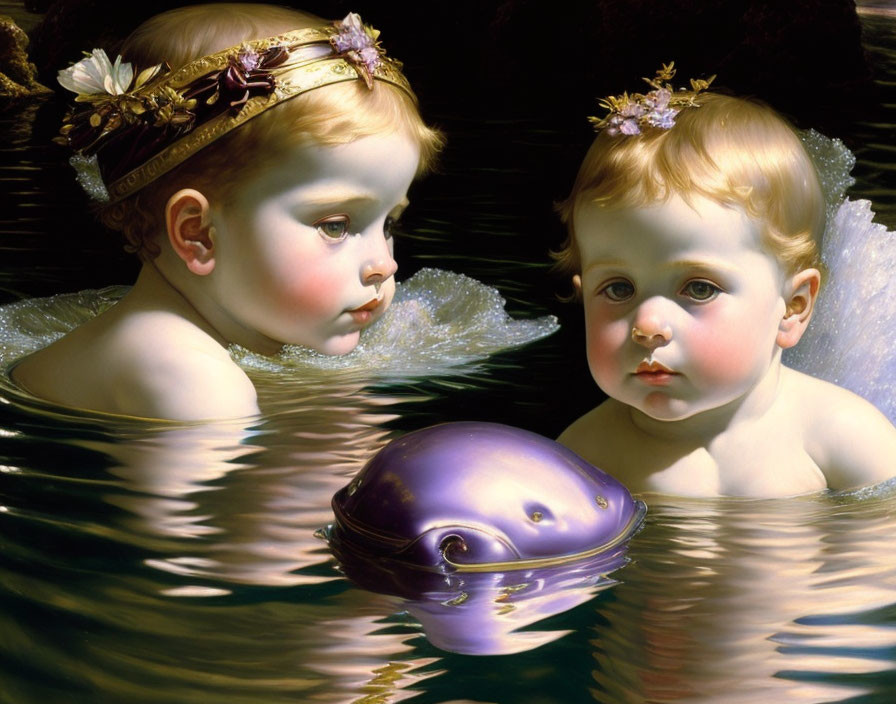 Cherubic children with floral crowns beside metallic purple shell