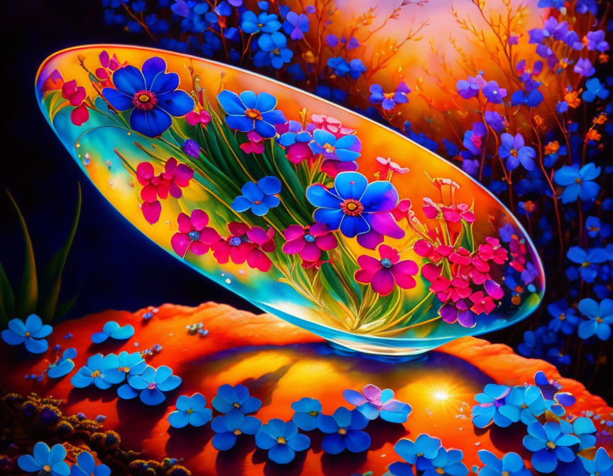 Colorful Flower-Filled Bowl Artwork with Water Reflection