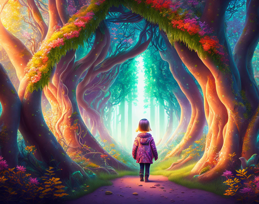 Child in Enchanted Forest with Vibrant Trees and Warm Light