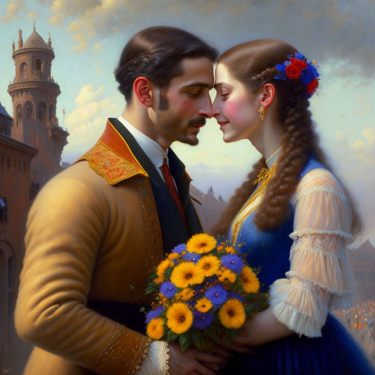 Romantic vintage painting of man and woman with flowers and castle scenery