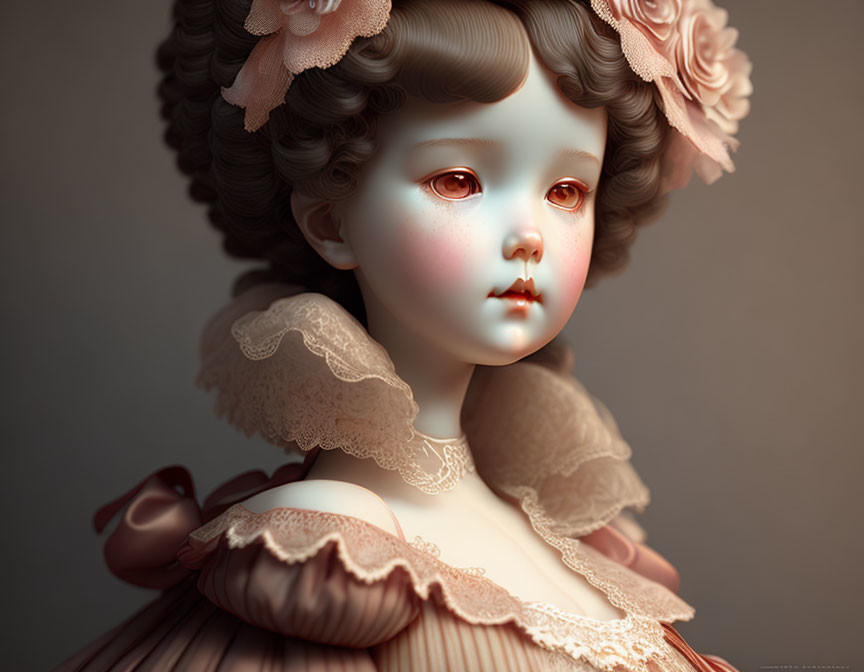 Rosy-cheeked doll with curly hair, floral accents, in pink ruffled dress