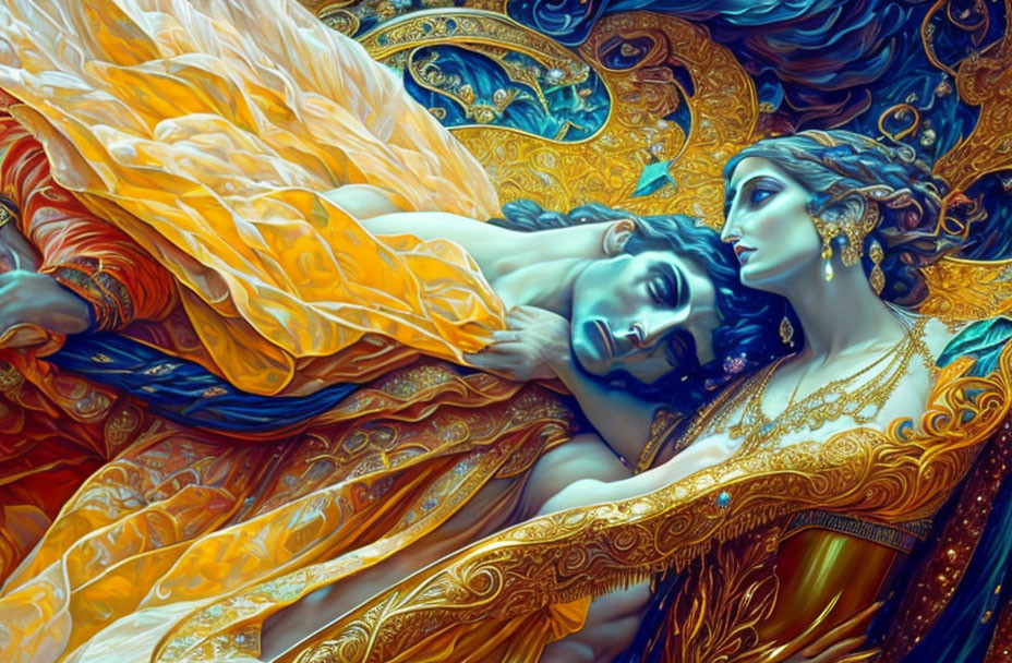 Digital artwork of man and woman embraced with blue and golden patterns