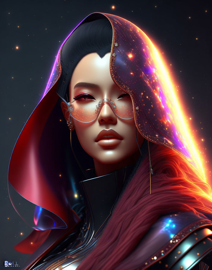 Futuristic woman with luminous hair in celestial setting