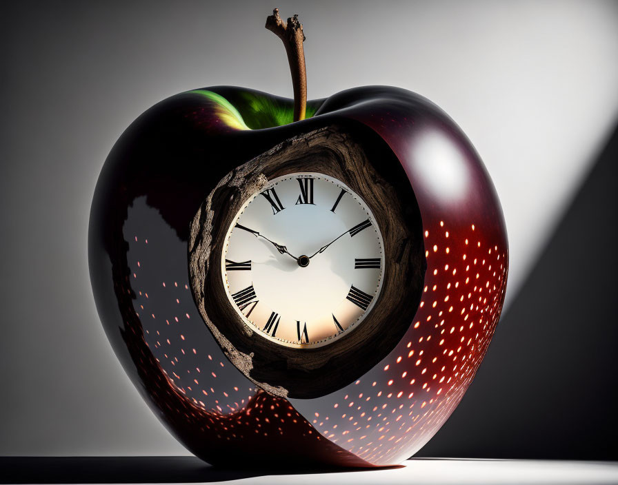 Surreal image: Red apple with clock face and scattered light dots