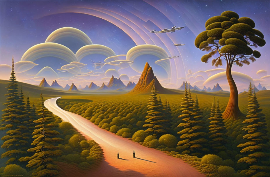 Surreal landscape with winding path, whimsical trees, mountains, and layered sky.