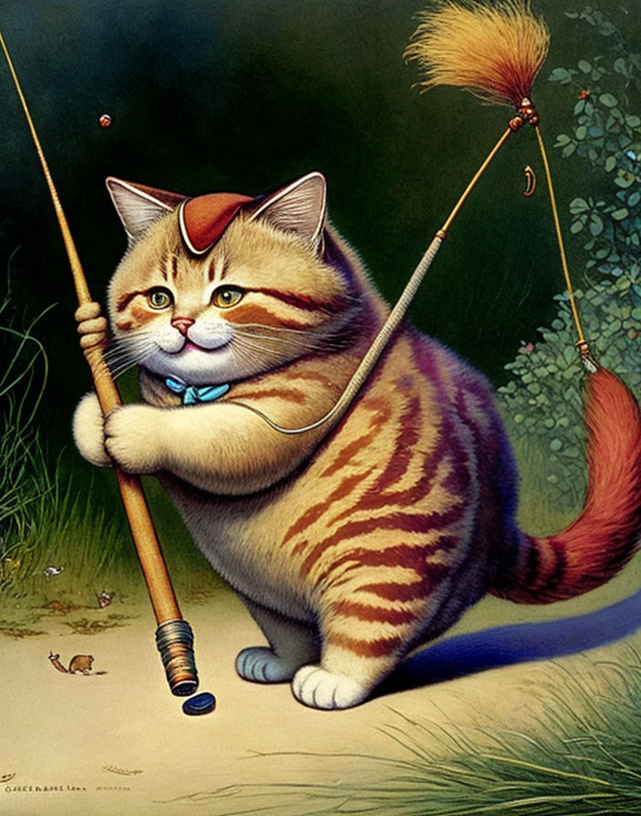 Chubby Cat Illustration Fishing with Rod