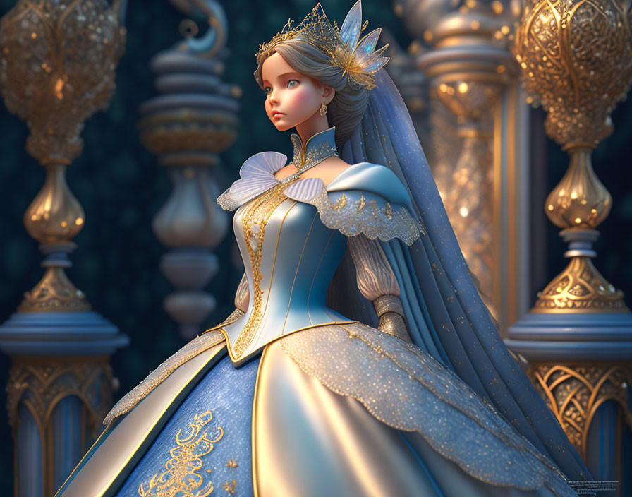 Regal animated character in ornate blue dress and golden crown amid luxurious surroundings