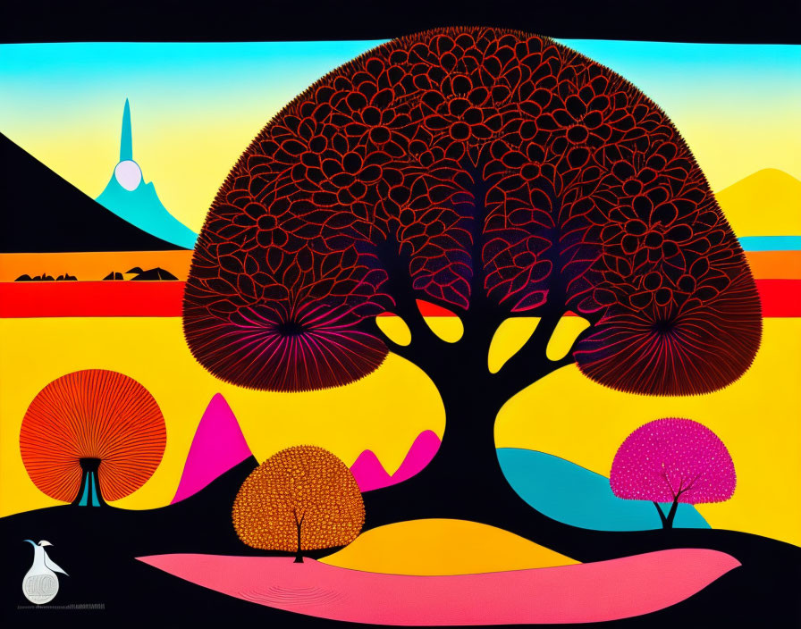 Colorful abstract landscape with large tree, sun, and whimsical elements