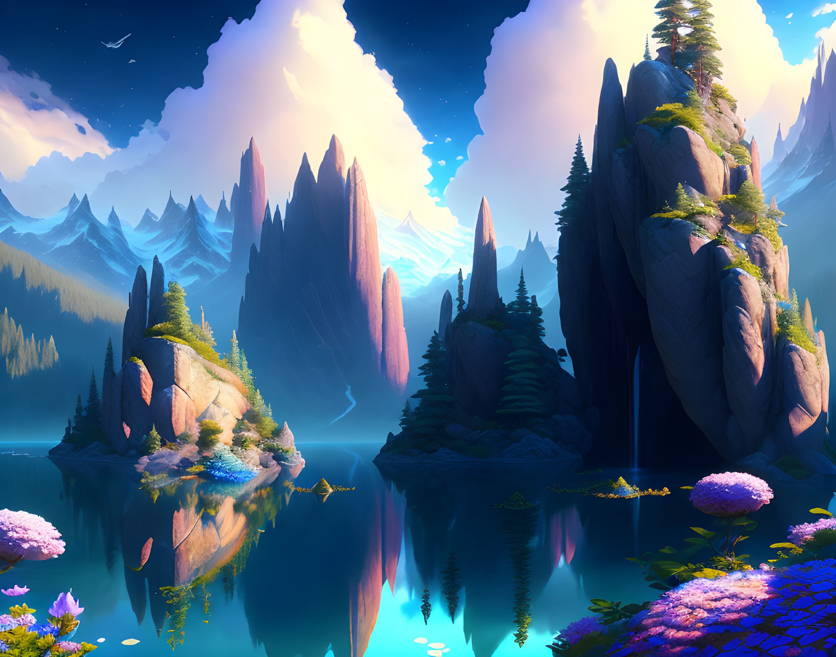 Fantasy landscape with rock formations, trees, lake, and twilight sky