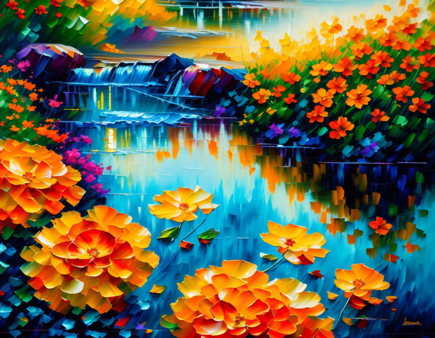 Colorful floral landscape with blue waterfall and serene pond