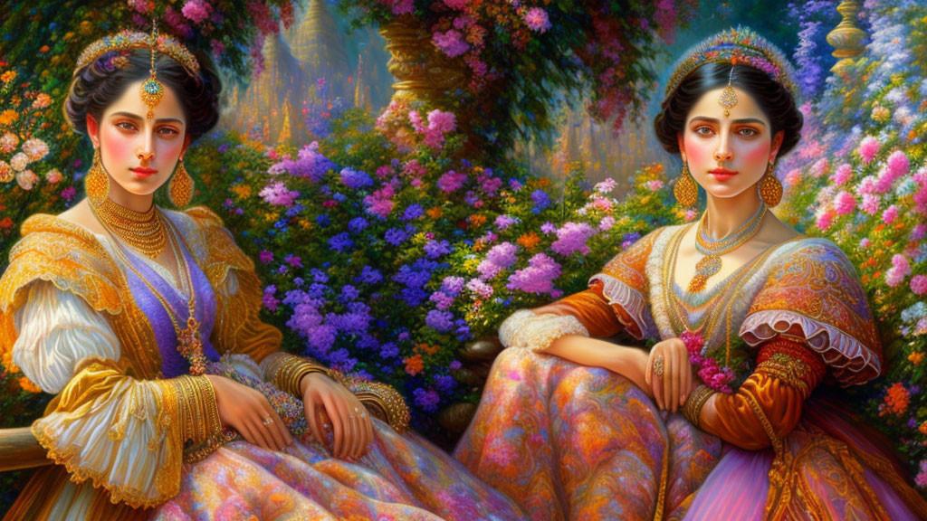 Two women in ornate traditional dresses with elaborate jewelry in lush garden setting