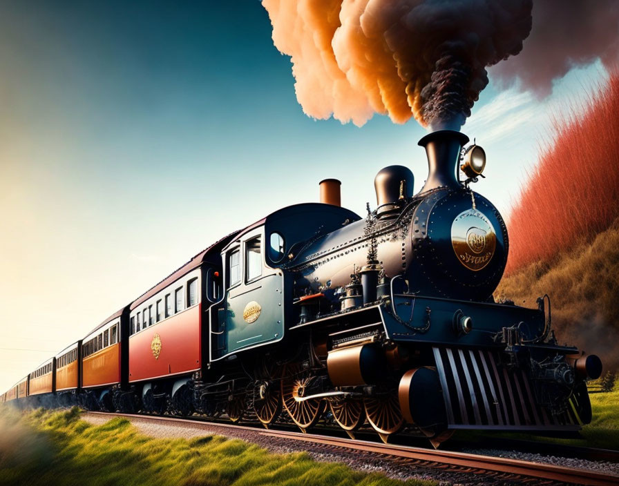 Vintage steam locomotive on tracks emitting smoke at sunset with green grass