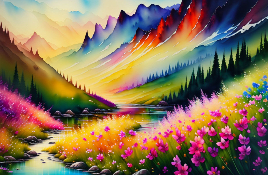 Colorful landscape painting: Serene river, wildflowers, multicolored mountains