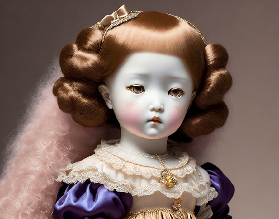 Porcelain doll with brown curly hair in purple and white dress