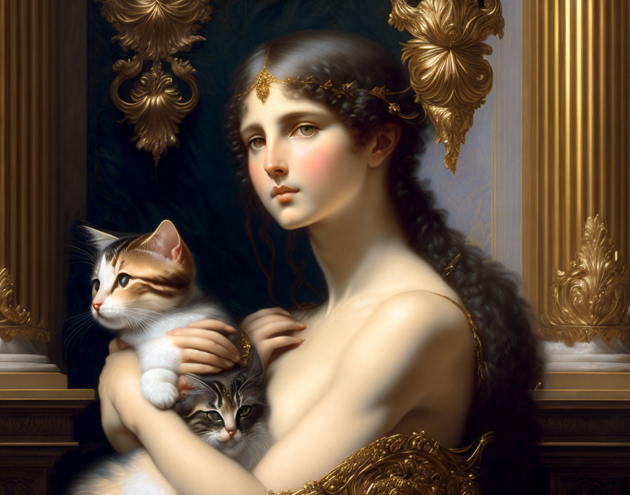 Classical woman with cats and gold accessories in luxurious setting