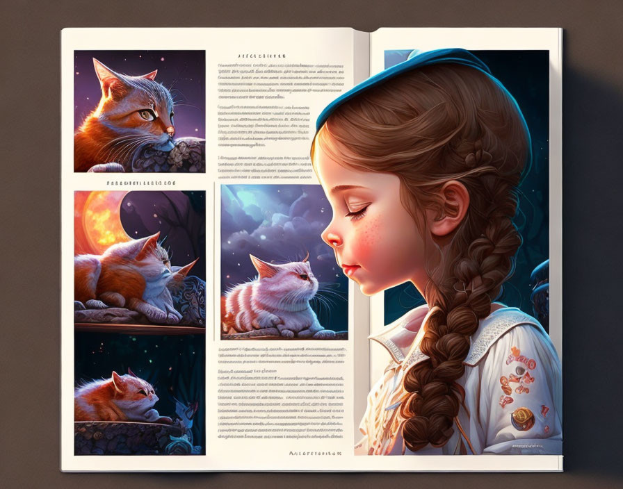 Illustration of Open Book: Young Girl and Ginger Cat Nighttime Scenes