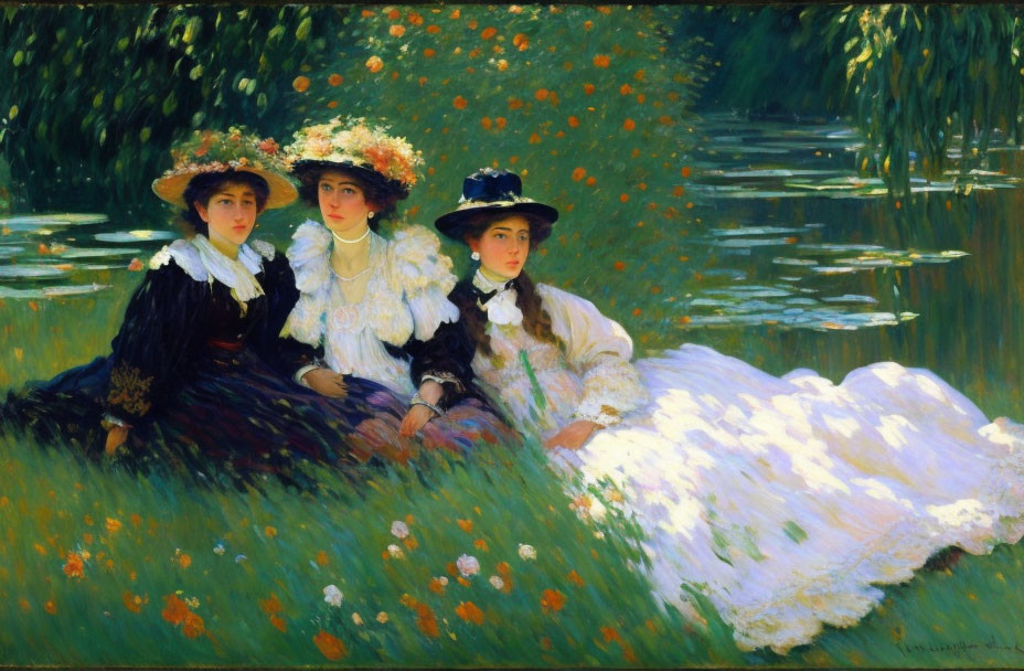 Three women in elegant dresses and flower-adorned hats in vibrant garden setting