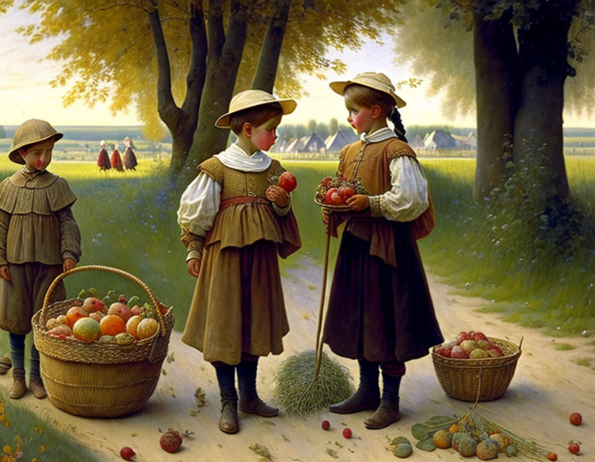 Children in vintage attire gathering apples in sunny pastoral landscape