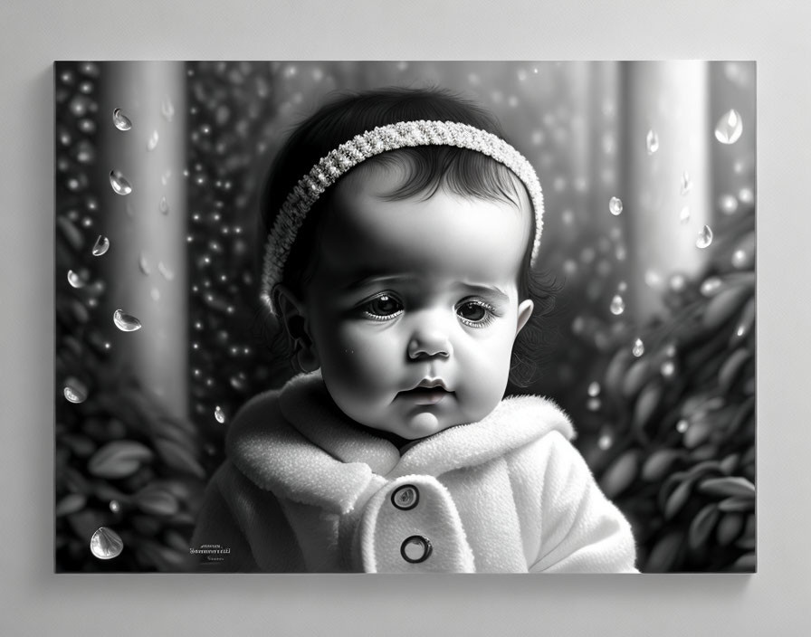 Contemplative baby with headband in monochrome portrait against rainy window backdrop