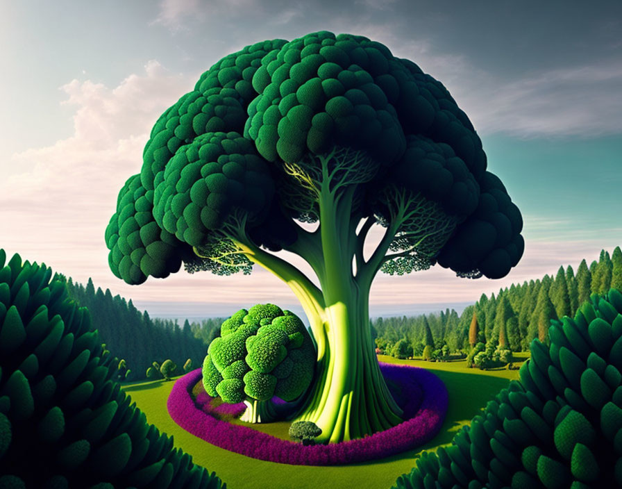 Surreal landscape featuring oversized broccoli trees and vibrant foliage