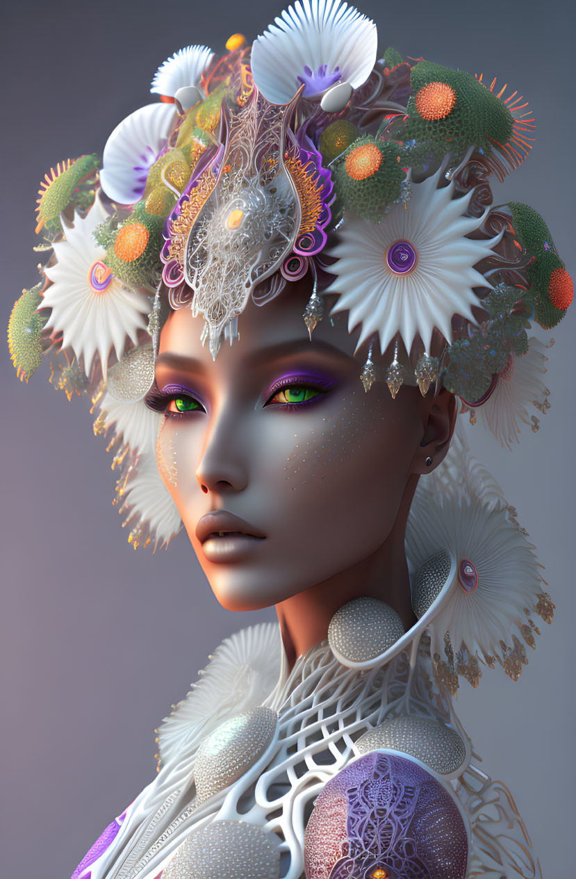 Digital portrait of female figure with violet eyes and intricate headpiece on grey backdrop