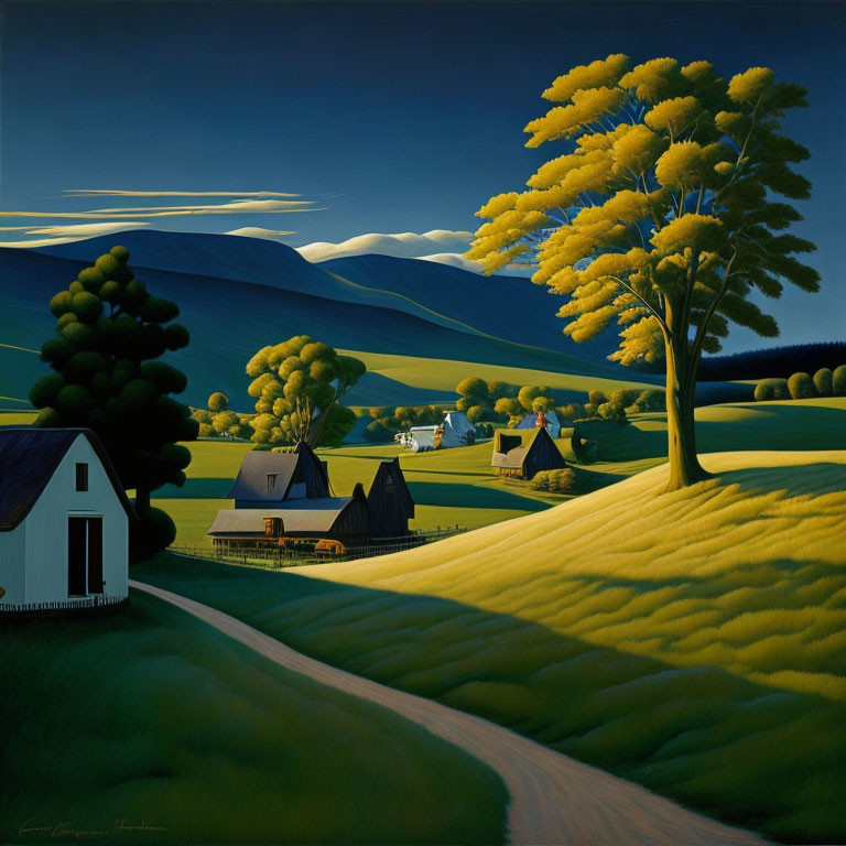 Stylized pastoral landscape with rolling hills, farmhouses, and vibrant green fields