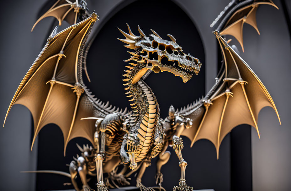 Intricate Golden Dragon Sculpture with Outspread Wings