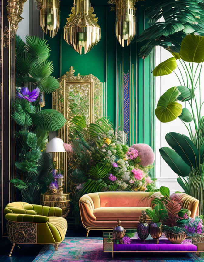 Luxurious Interior with Greenery, Gold Mirror, Velvet Sofas, Chandeliers, and R