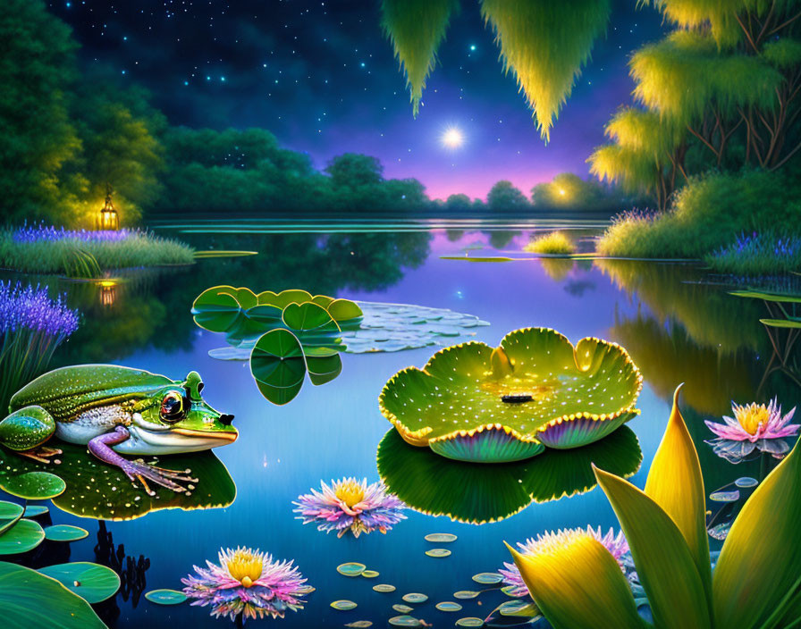 Colorful nocturnal pond scene with frog, lily pad, water lilies, iridescent