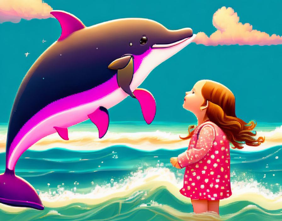 Young girl in pink coat smiles at leaping dolphin in vibrant ocean scene