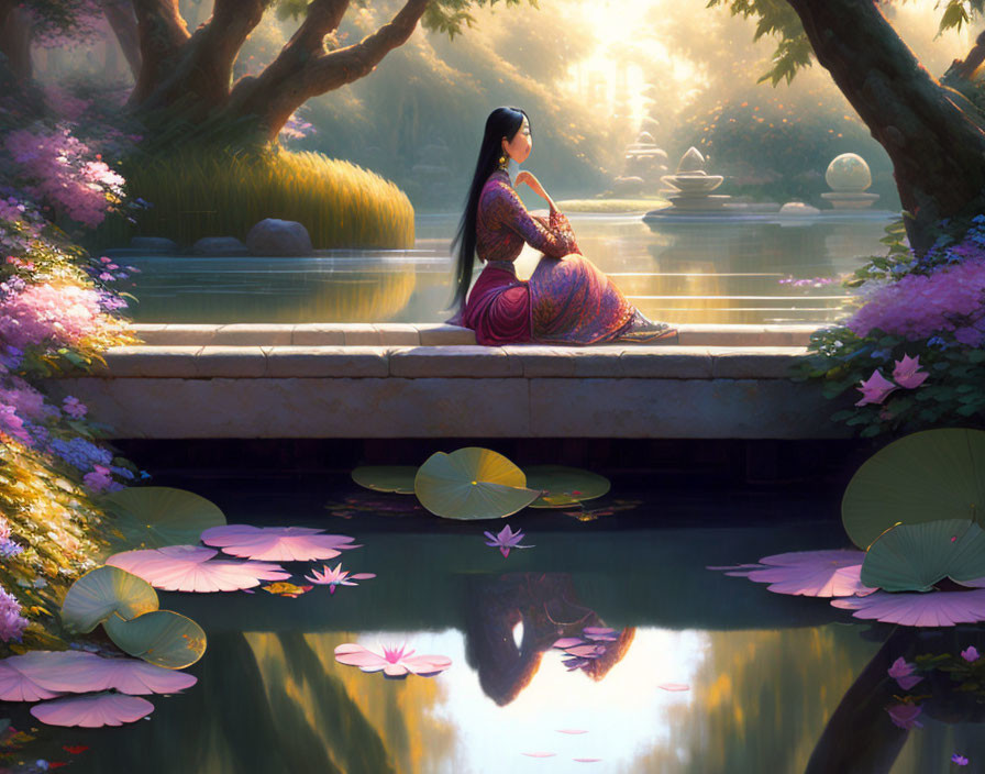 Colorful Dress Woman Sitting on Stone Bridge Over Tranquil Pond