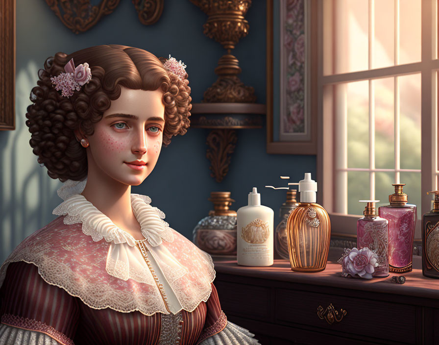 Victorian-era woman illustration near window with elegant bottles