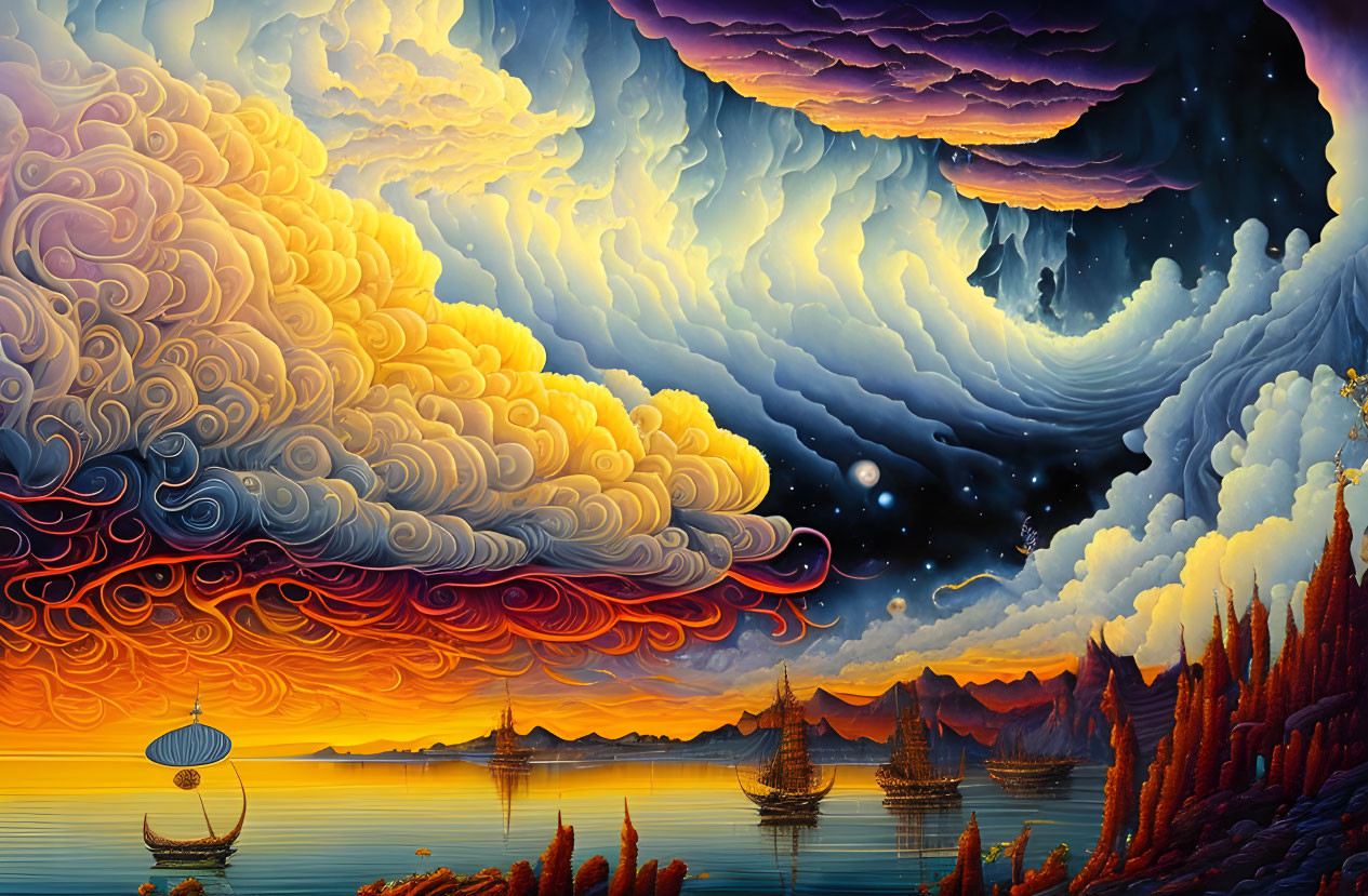 Colorful surreal landscape painting with swirling clouds, mountains, ships, and figure with umbrella