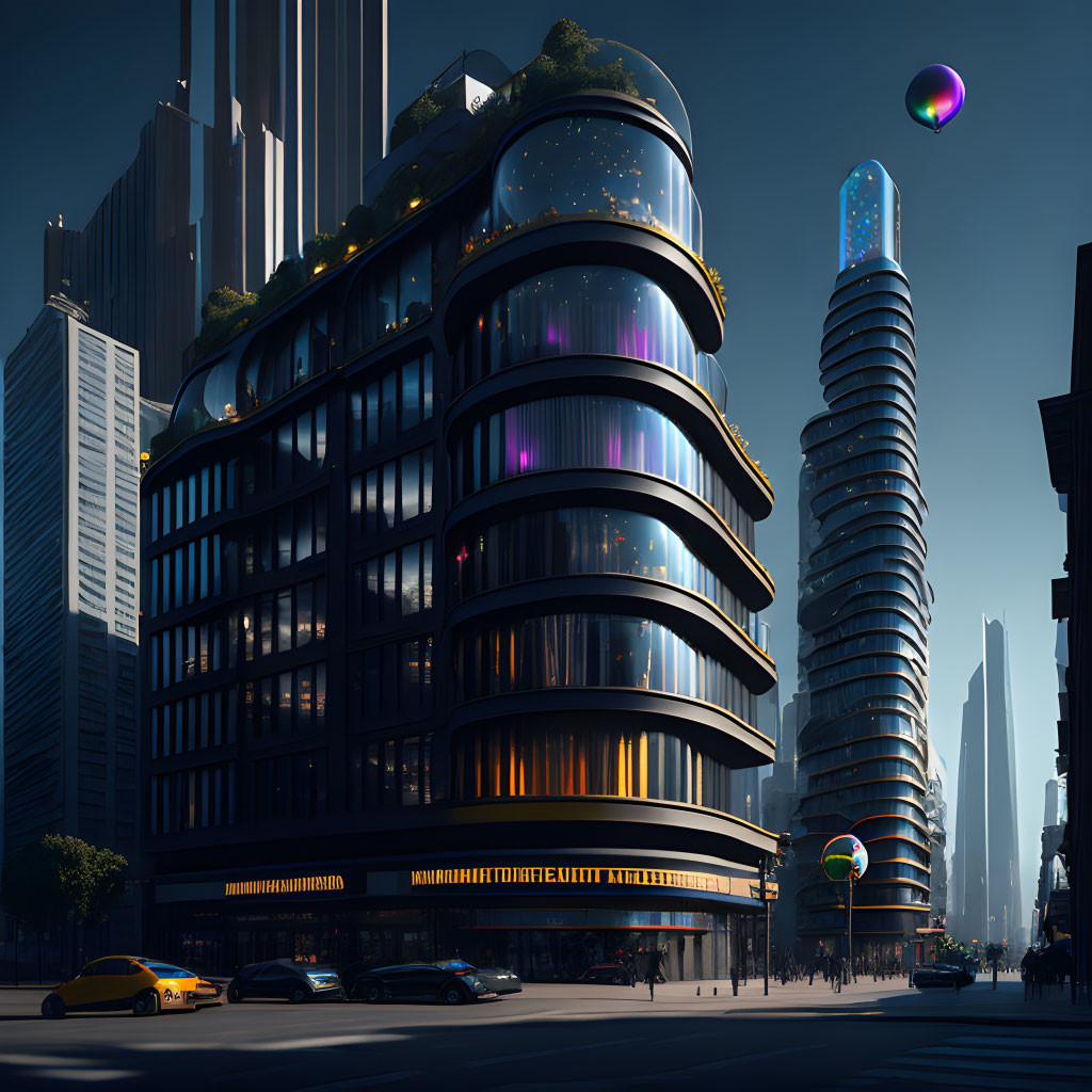 Futuristic cityscape with high-rise buildings, glowing lights, and floating orbs at dusk