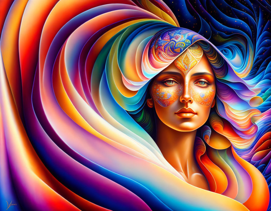 Colorful cosmic digital artwork of a woman blending with swirling stars.