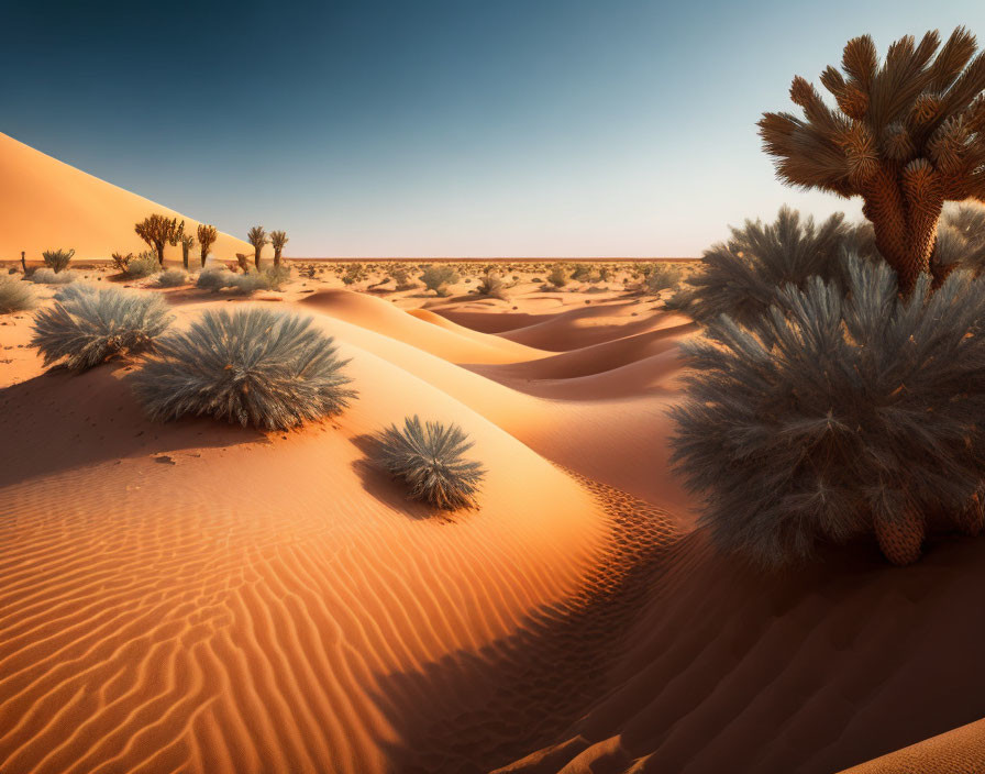 Scenic golden sand dunes and desert flora at sunset