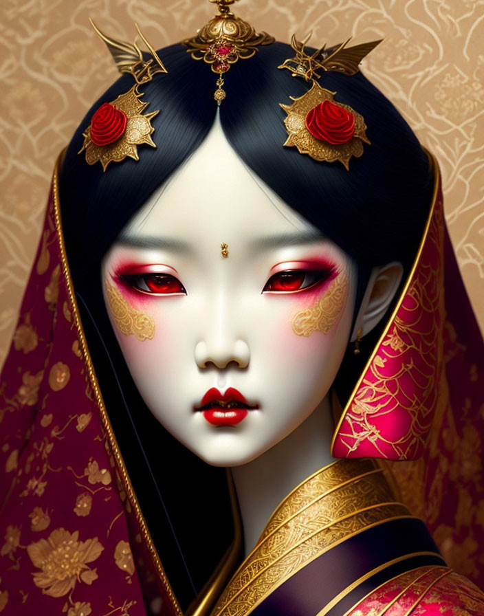 Illustration of woman in traditional Asian attire with red eye makeup