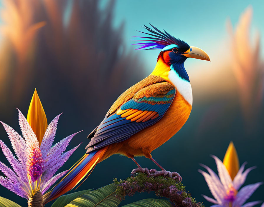 Colorful bird with blue wings and exotic flowers at dusk