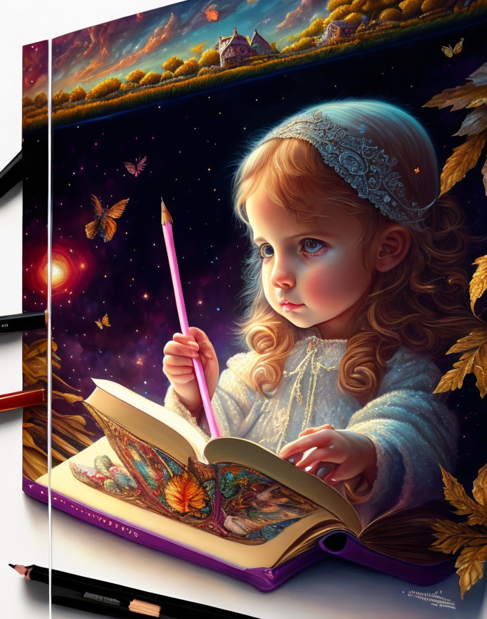 Curly-haired girl reading magical book with glowing illustrations and autumn theme.