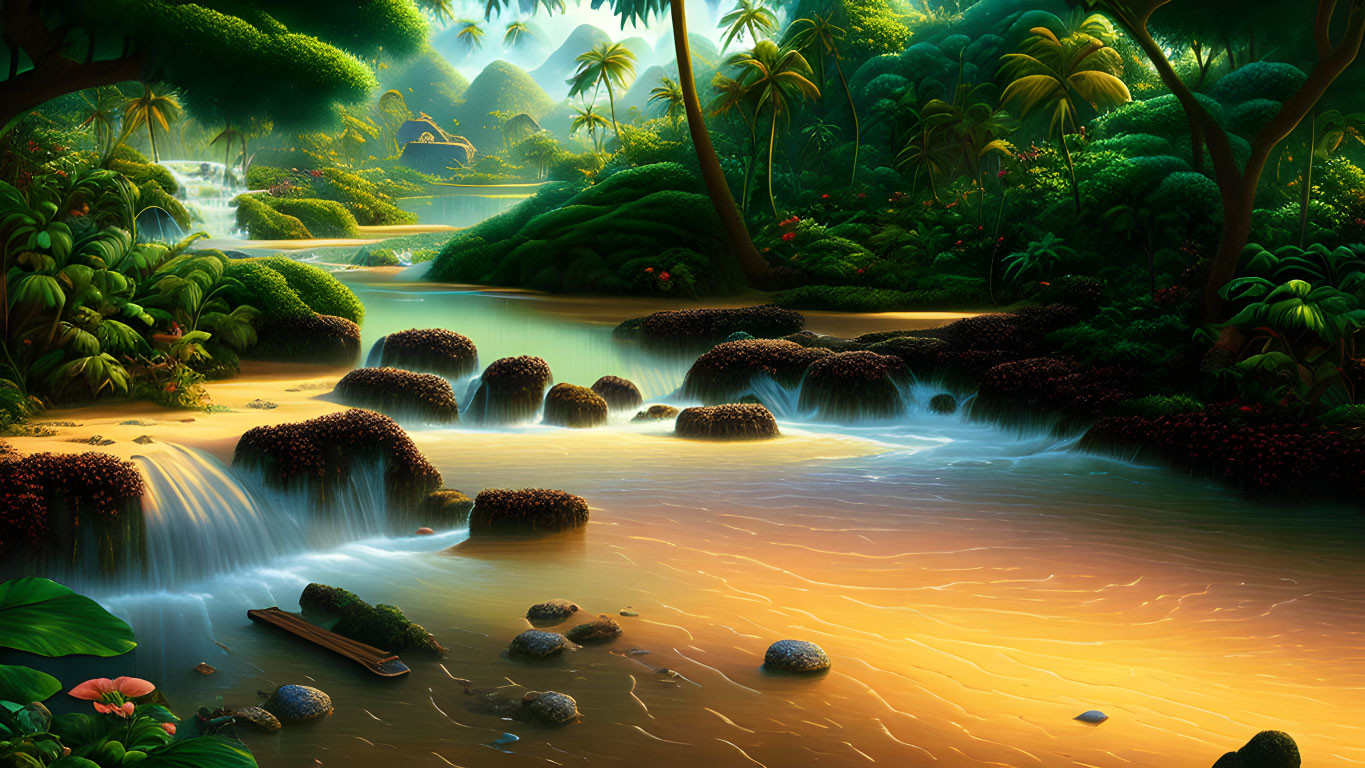 Tranquil Tropical Landscape with Waterfalls and Stepping Stones