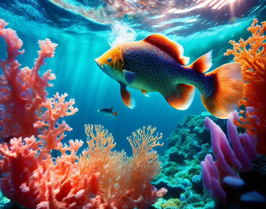 Colorful Coral and Orange Fish in Shimmering Water