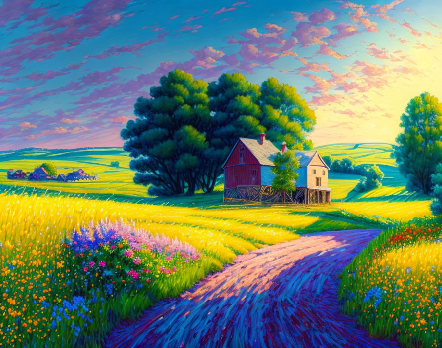 Serene farm scene with red barn, white house, flowers, and sunset sky