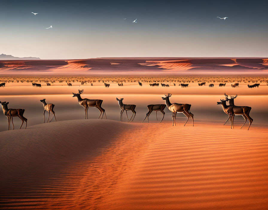 Deer herd on desert dune at sunrise with warm light and tranquil water body