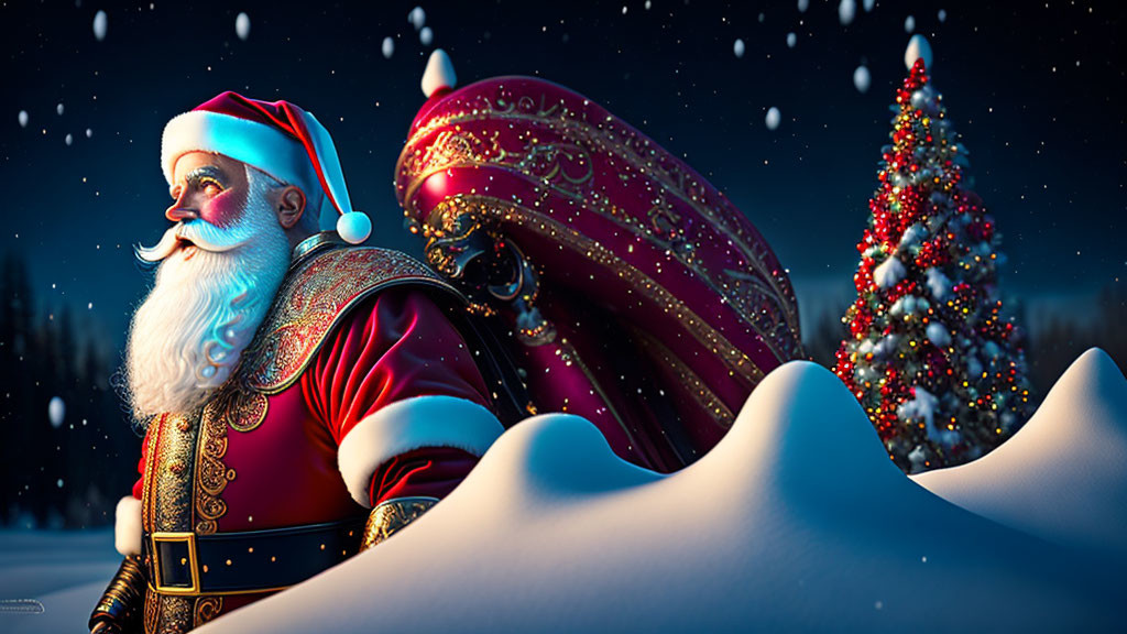 Santa Claus with sleigh and Christmas tree in snowy night illustration