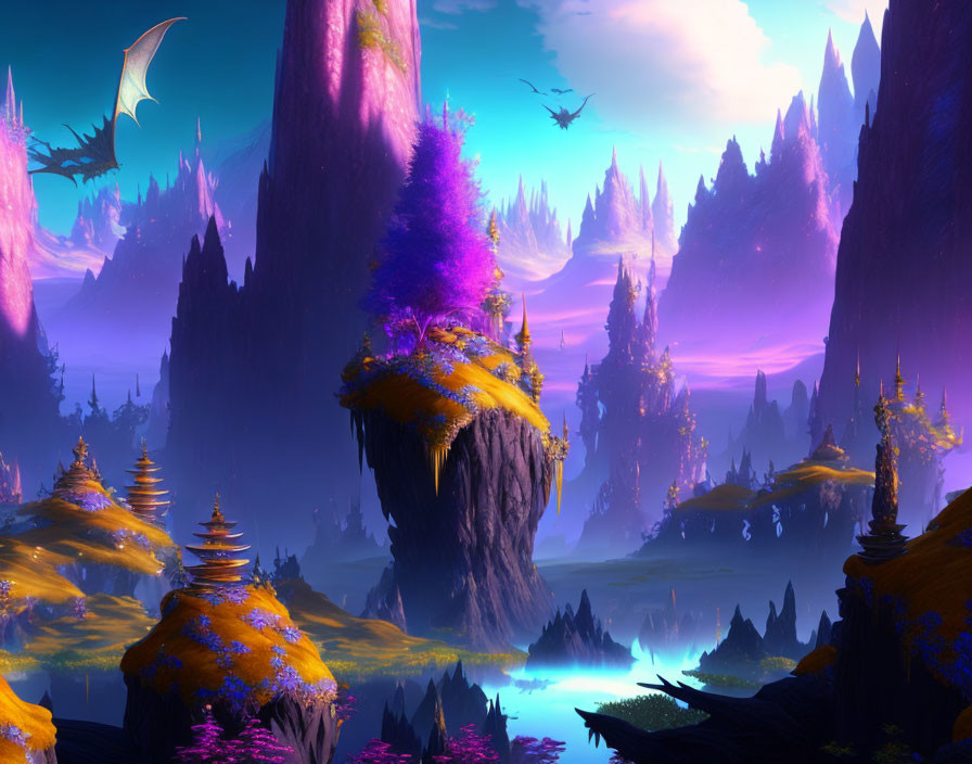 Fantastical landscape with purple rock formations, yellow flora, blue water, and flying creatures