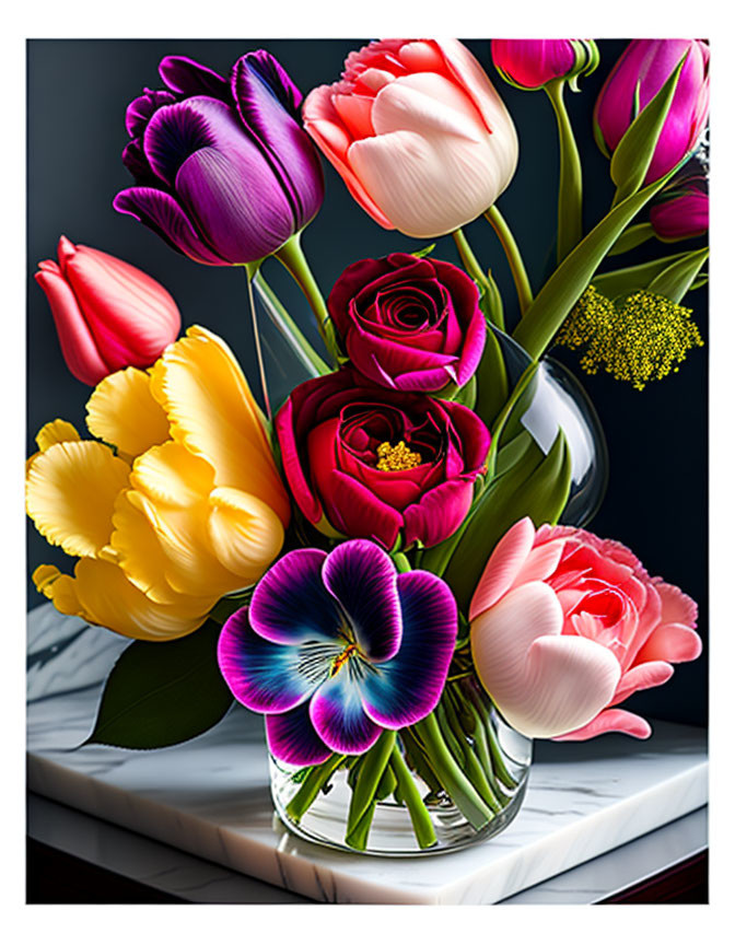 Colorful Tulips and Roses Bouquet in Clear Vase on Dark Background