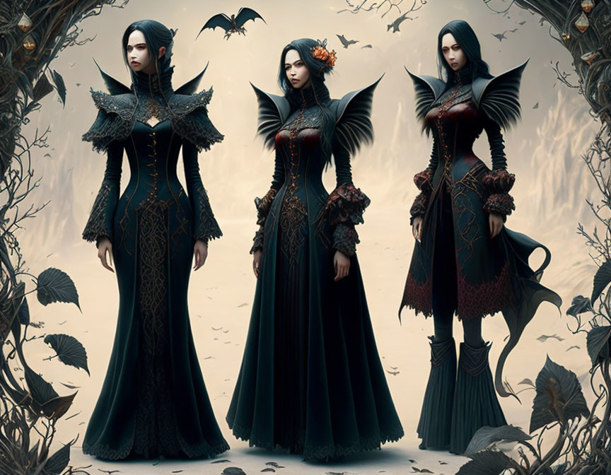 Three women in dark wing-adorned dresses in mystical vine setting