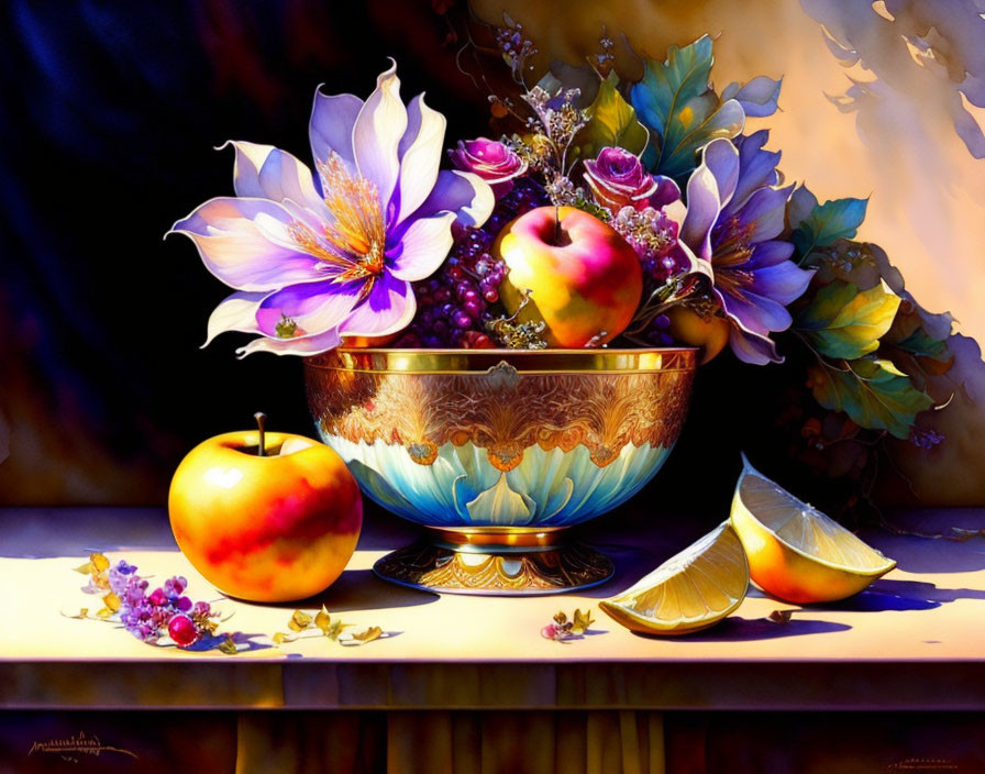 Colorful Still Life Painting with Fruits and Flowers on Dusky Background