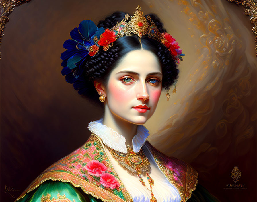 Portrait of woman with blue eyes, jeweled crown, floral hairpiece, green dress